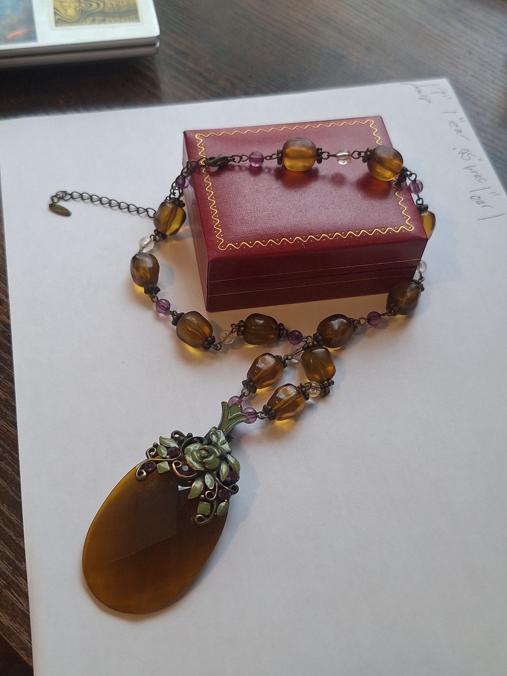 17" VCLM Amber Purple Beaded Enamel  Stamped Goldtone Vintage Estate Sale Find
